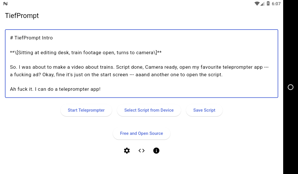 Screenshot of TiefPrompt's home screen